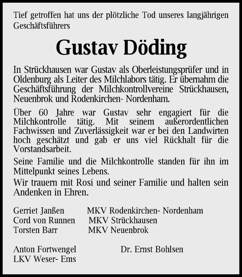  Traueranzeige für Gustav Karl Döding vom 15.04.2020 aus Nordwest-Zeitung