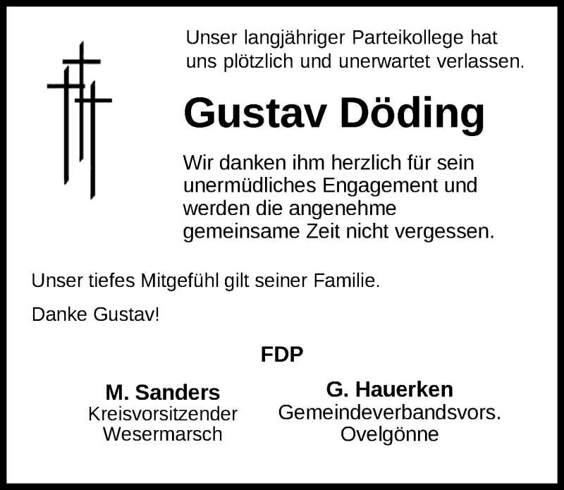 Traueranzeige für Gustav Karl Döding vom 15.04.2020 aus Nordwest-Zeitung