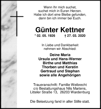 Traueranzeige von Günter Kettner von Nordwest-Zeitung