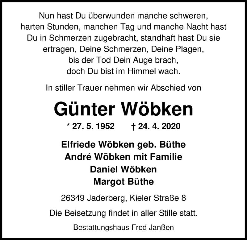  Traueranzeige für Günter Wöbken vom 28.04.2020 aus Nordwest-Zeitung