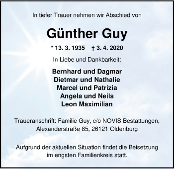 Traueranzeige von Günther Guy von Nordwest-Zeitung