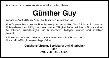 Traueranzeige von Günther Guy von Nordwest-Zeitung
