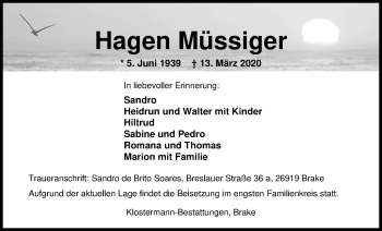 Traueranzeige von Hagen Müssiger von Nordwest-Zeitung