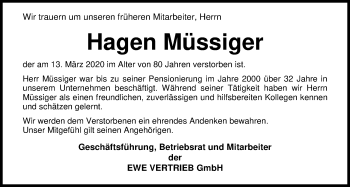 Traueranzeige von Hagen Müssiger von Nordwest-Zeitung