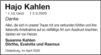 Traueranzeige von Hajo Kahlen von Nordwest-Zeitung