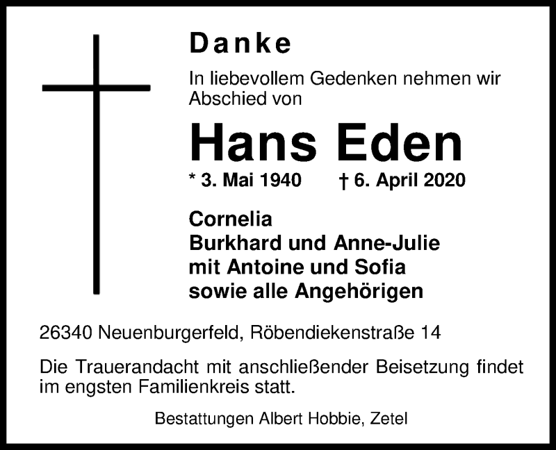  Traueranzeige für Hans Eden vom 08.04.2020 aus Nordwest-Zeitung