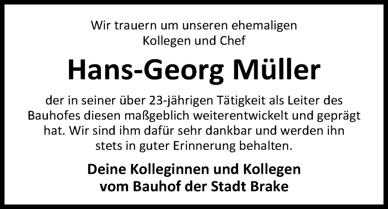  Traueranzeige für Hans-Georg Müller vom 01.04.2020 aus Nordwest-Zeitung