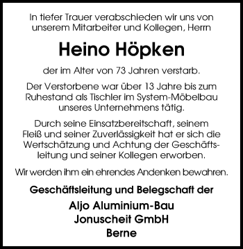 Traueranzeige von Heino Höpken von Nordwest-Zeitung