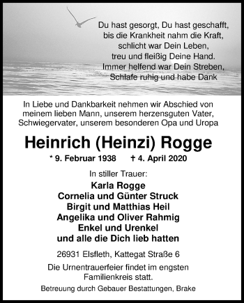 Traueranzeige von Heinrich Rogge von Nordwest-Zeitung
