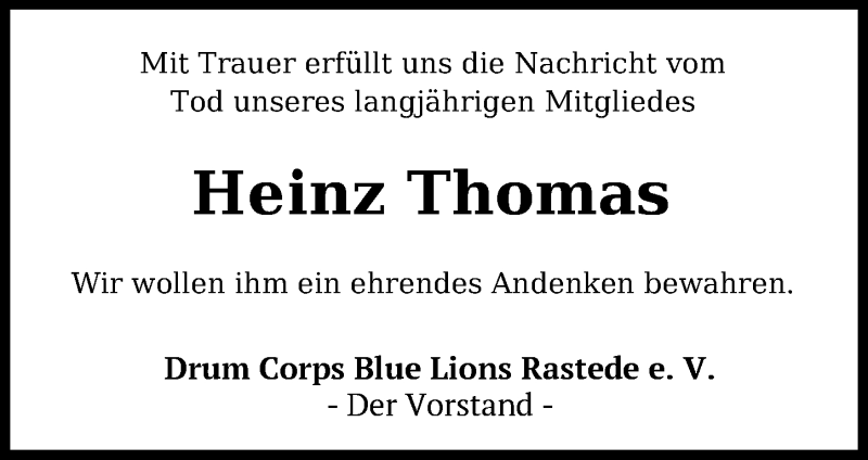  Traueranzeige für Heinz Thomas vom 02.04.2020 aus Nordwest-Zeitung