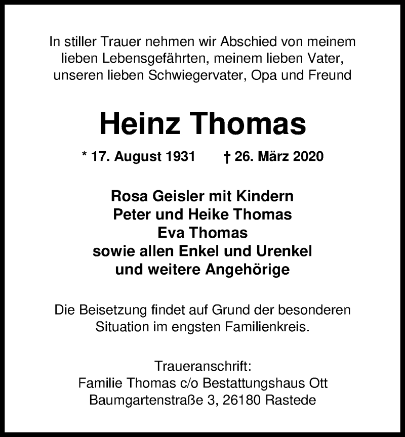  Traueranzeige für Heinz Thomas vom 01.04.2020 aus Nordwest-Zeitung
