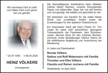 Traueranzeige von Heinz Völkers von Nordwest-Zeitung