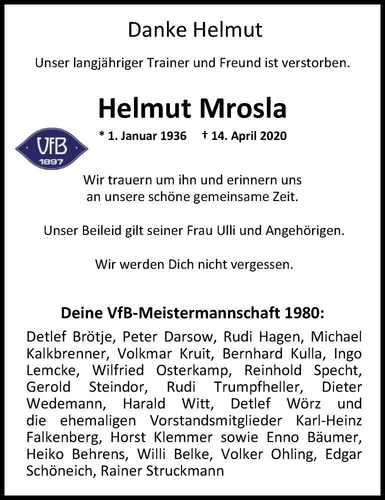  Traueranzeige für Helmut Mrosla vom 21.04.2020 aus Nordwest-Zeitung
