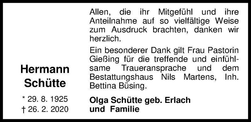  Traueranzeige für Hermann Schütte vom 25.04.2020 aus Nordwest-Zeitung