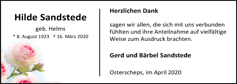  Traueranzeige für Hilde Sandstede vom 18.04.2020 aus Nordwest-Zeitung