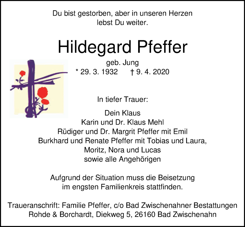  Traueranzeige für Hildegard Pfeffer vom 16.04.2020 aus Nordwest-Zeitung