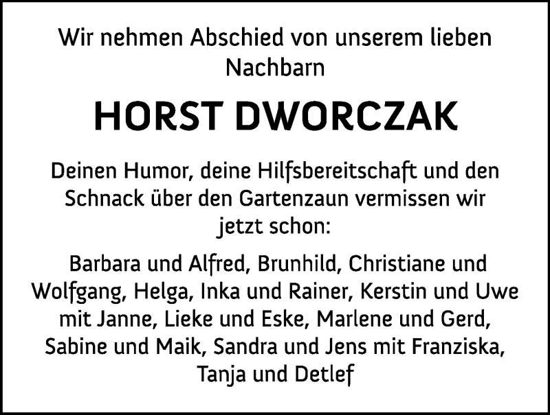  Traueranzeige für Horst Dworczak vom 30.04.2020 aus Nordwest-Zeitung