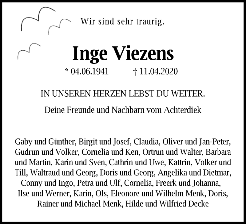  Traueranzeige für Inge Viezens vom 17.04.2020 aus Nordwest-Zeitung