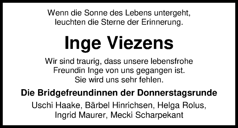  Traueranzeige für Inge Viezens vom 17.04.2020 aus Nordwest-Zeitung
