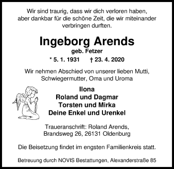Traueranzeige von Ingeborg Arends von Nordwest-Zeitung
