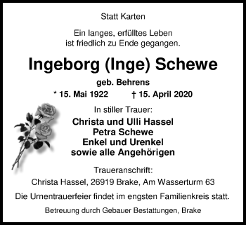 Traueranzeige von Ingeborg Schewe von Nordwest-Zeitung