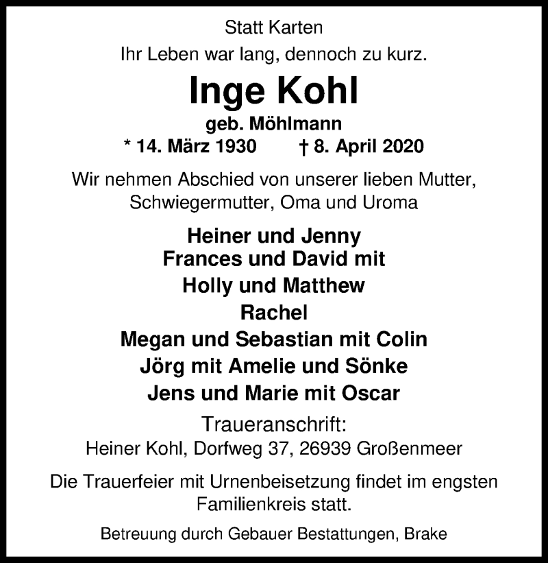  Traueranzeige für Ingo Kohl vom 15.04.2020 aus Nordwest-Zeitung
