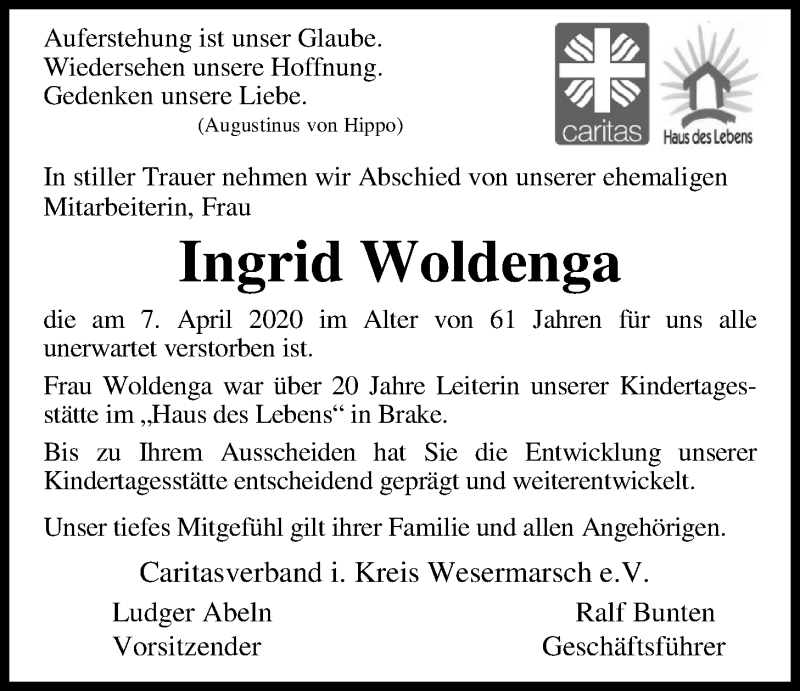 Traueranzeige für Ingrid Woldenga vom 25.04.2020 aus Nordwest-Zeitung