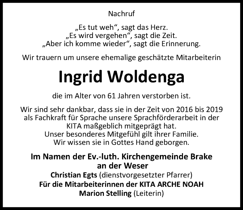  Traueranzeige für Ingrid Woldenga vom 18.04.2020 aus Nordwest-Zeitung