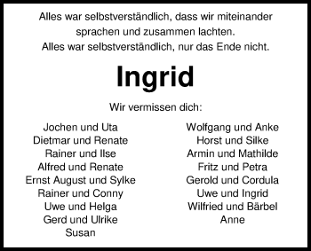 Traueranzeige von Ingrid Woldenga von Nordwest-Zeitung