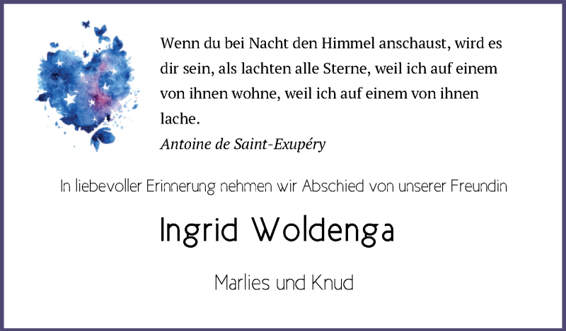  Traueranzeige für Ingrid Woldenga vom 15.04.2020 aus Nordwest-Zeitung