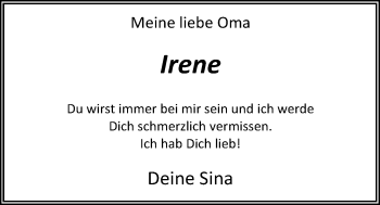 Traueranzeige von Irene Wadehn von Nordwest-Zeitung