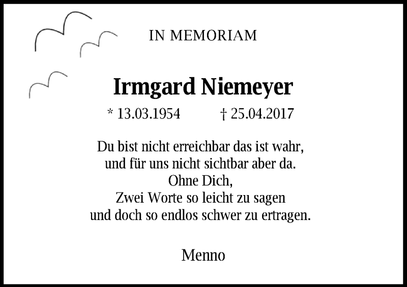  Traueranzeige für Irmgard Niemeyer vom 25.04.2020 aus Nordwest-Zeitung