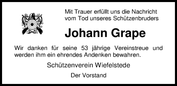 Traueranzeige von Johann Grape von Nordwest-Zeitung