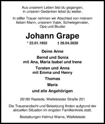 Traueranzeige von Johann Grape von Nordwest-Zeitung