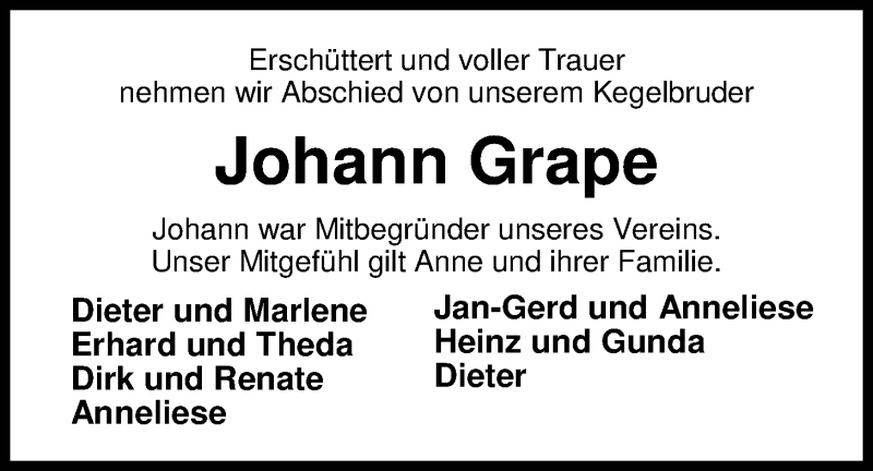  Traueranzeige für Johann Grape vom 28.04.2020 aus Nordwest-Zeitung