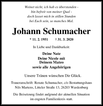 Traueranzeige von Johann Schumacher von Nordwest-Zeitung