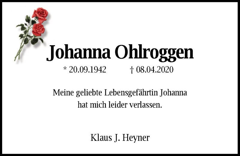  Traueranzeige für Johanna Ohlroggen vom 25.04.2020 aus Nordwest-Zeitung