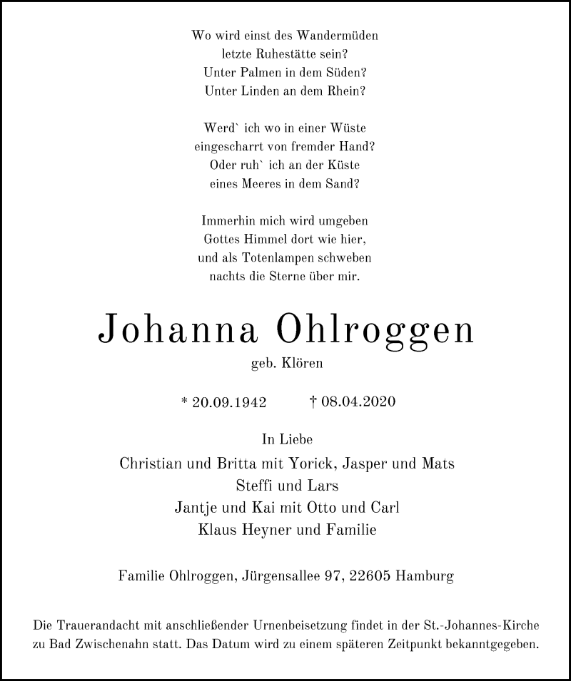  Traueranzeige für Johanna Ohlroggen vom 25.04.2020 aus Nordwest-Zeitung