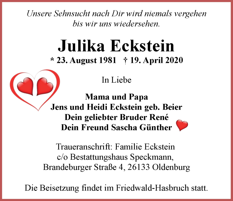  Traueranzeige für Julika Eckstein vom 25.04.2020 aus Nordwest-Zeitung