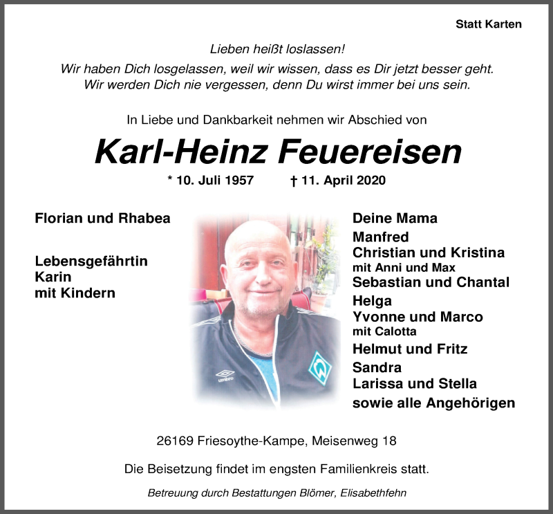  Traueranzeige für Karl-Heinz Feuereisen vom 15.04.2020 aus Nordwest-Zeitung