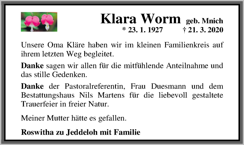  Traueranzeige für Klara Worm vom 21.04.2020 aus Nordwest-Zeitung