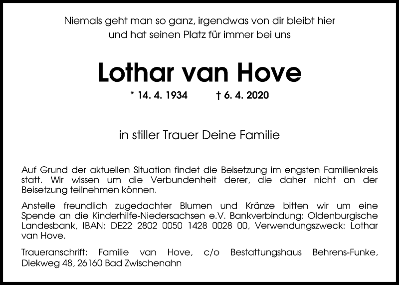  Traueranzeige für Lothar van Hove vom 18.04.2020 aus Nordwest-Zeitung