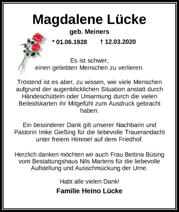 Traueranzeige von Magdalene Lücke von Nordwest-Zeitung