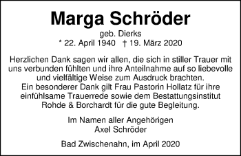 Traueranzeige von Marga Schröder von Nordwest-Zeitung