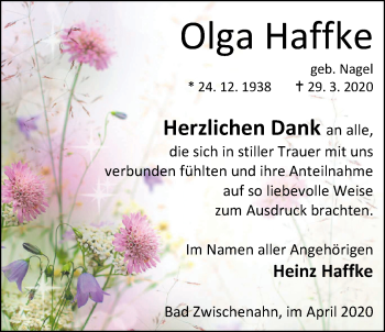 Traueranzeige von Olga Haffke von Nordwest-Zeitung