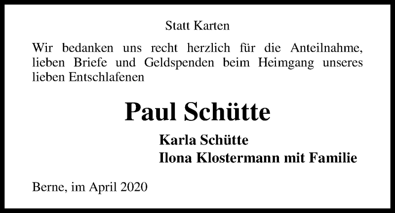  Traueranzeige für Paul Schütte vom 23.04.2020 aus Nordwest-Zeitung