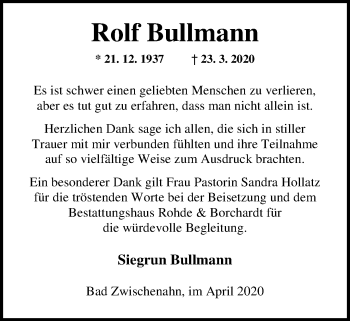 Traueranzeige von Rolf Bullmann von Nordwest-Zeitung