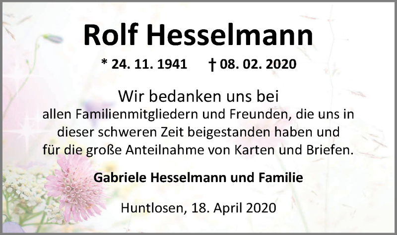 Traueranzeige für Rolf Hesselmann vom 18.04.2020 aus Nordwest-Zeitung