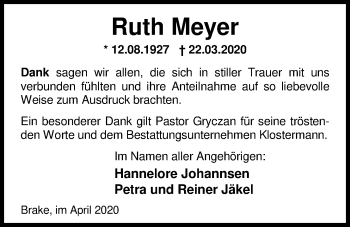 Traueranzeige von Ruth Meyer von Nordwest-Zeitung