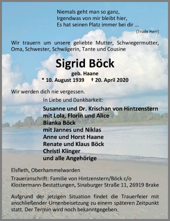 Traueranzeige von Sigrid Böck von Nordwest-Zeitung
